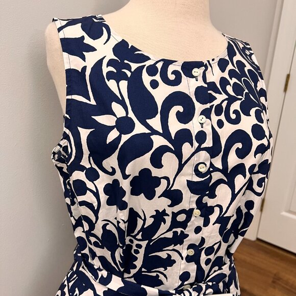 Talbots Poplin Fit & Flare Blue and White Tie Waist Dress - Jacobean 14P - Picture 12 of 16